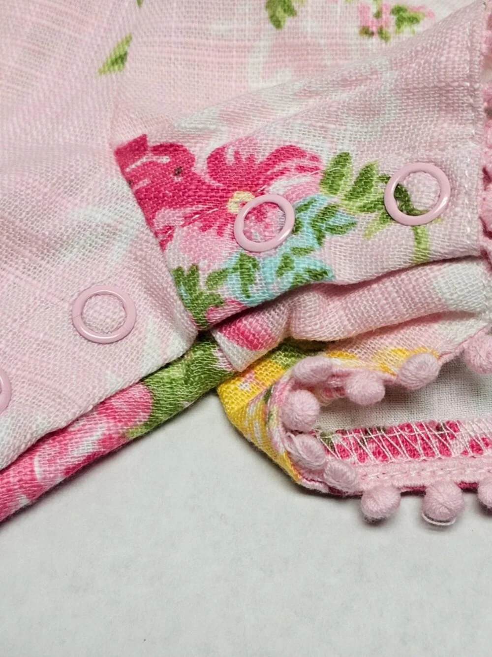 New Little Me Pink Baby Girl Flower Woven Romper Sleeveless Pom edge 24 Month